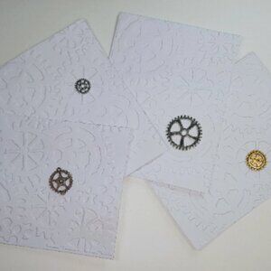 Steam Punk Note Cards, Set of 4, Embossed&Embellished, White Embossed Note Cards